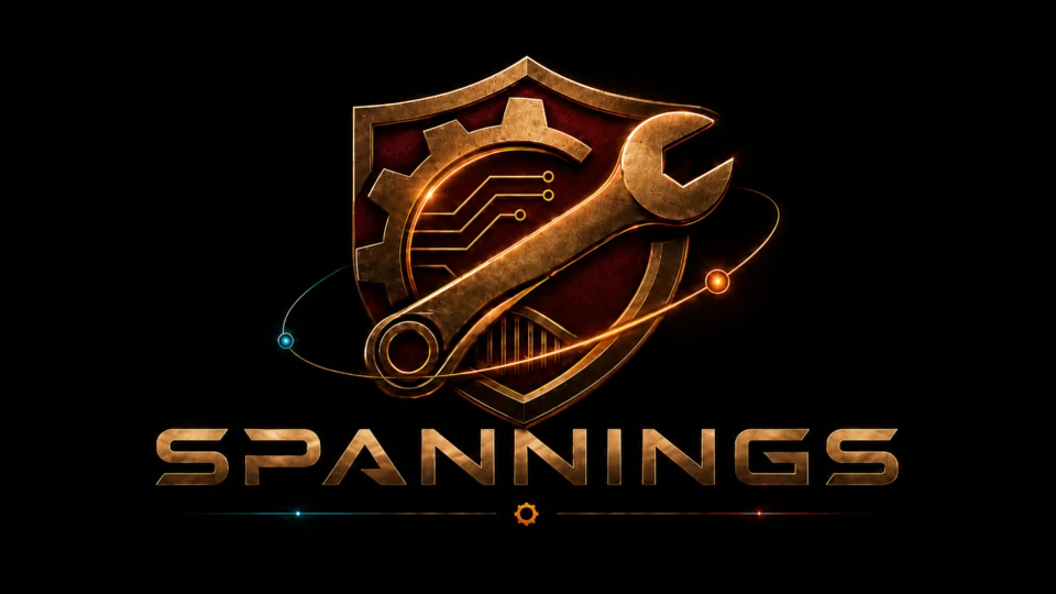 Spannings LLC logo: a bronze shield, gear, circuitry, and wrench